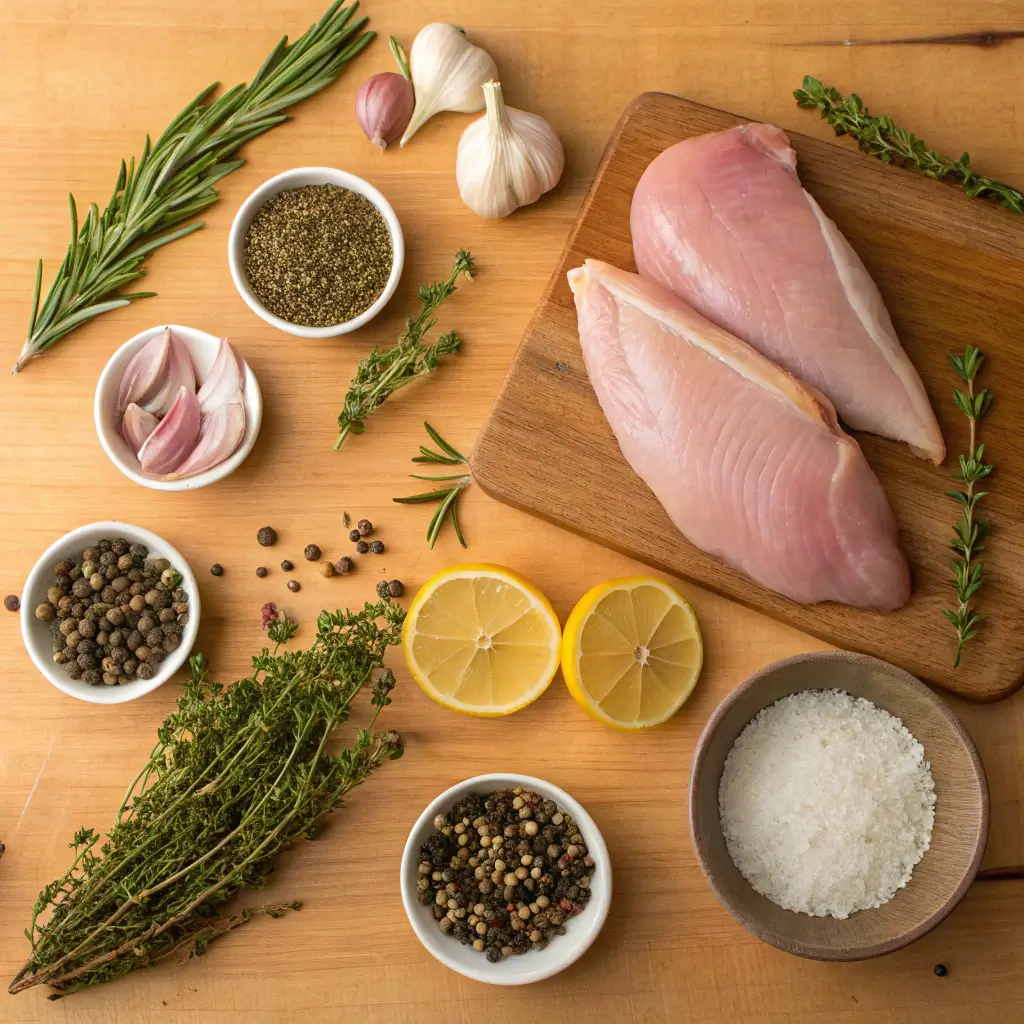 Ingredients for pheasant breast recipes including olive oil, garlic, and fresh herbs.
